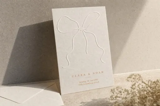 Visualisation: a hand-sketched embossed bow on a cream card, in raking sunlight.